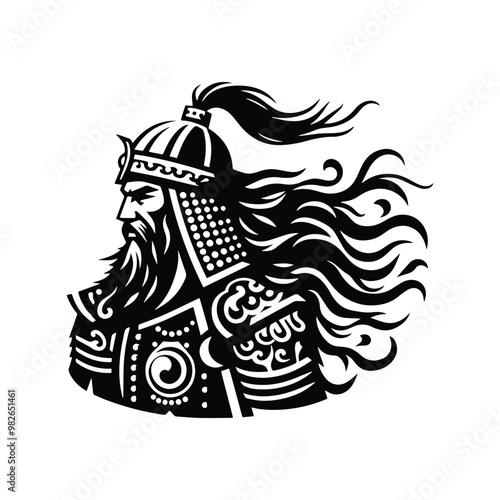 Mongols warrior with bohemian decoration in black and white illustrations, cutout graphic