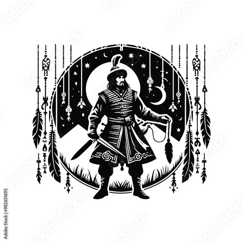 Mongols warrior with bohemian decoration in black and white illustrations, cutout graphic h