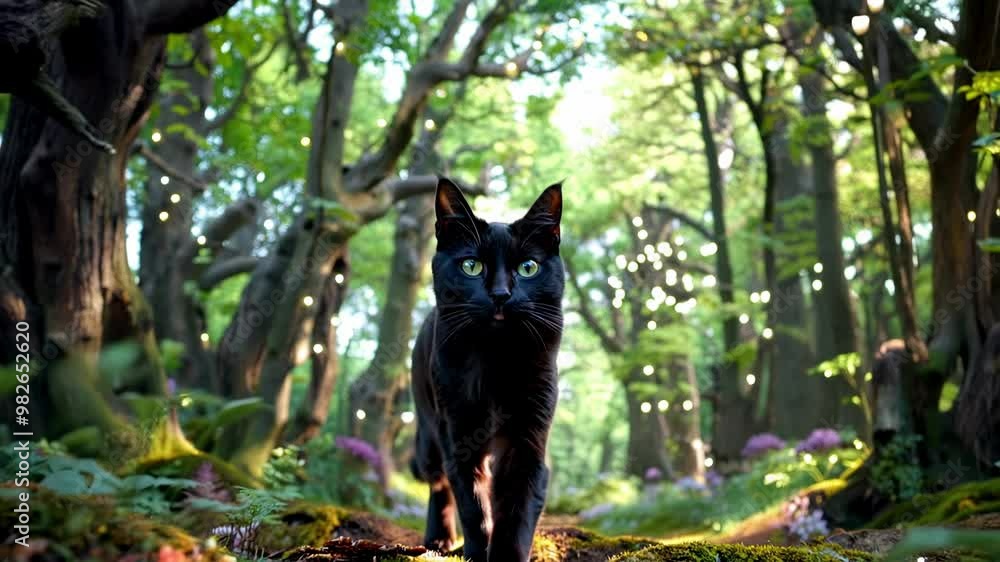 Black Cat Creeping Towards Viewer in Mysterious Forest Black Cat Creeping Towards Viewer in Mysterious Forest