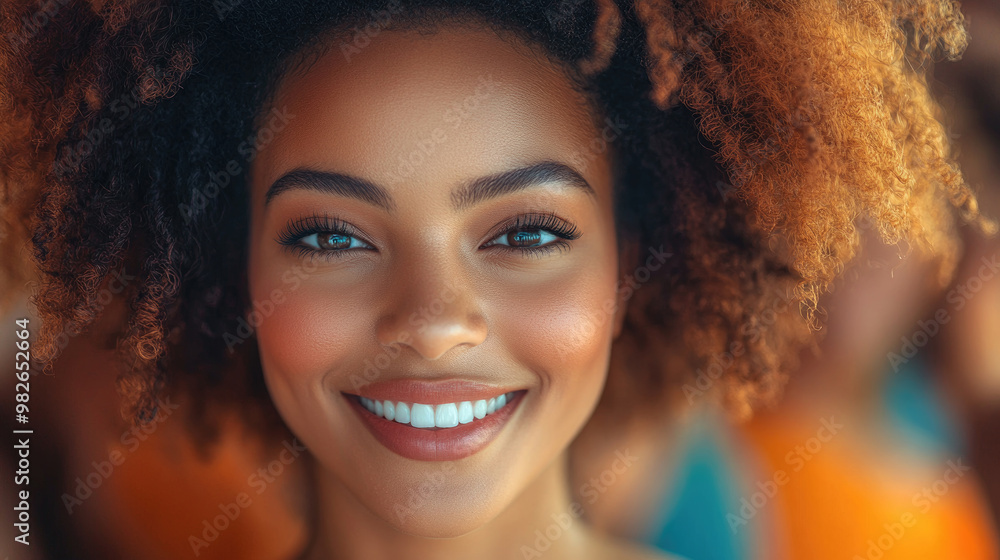 A young woman with curly, natural hair smiles radiantly at an outdoor event filled with joy and excitement during a sunny day A young woman with curly, natural hair smiles radiantly at an outdoor event filled with joy and excitement during a sunny day