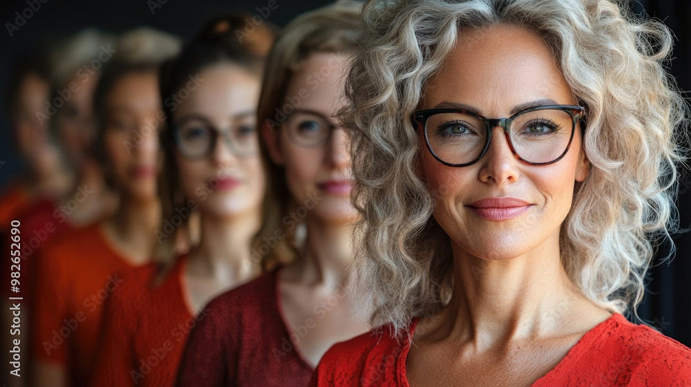 Obraz premium A confident woman leads a group of women in red, highlighting their unique styles and expressions while standing together in a cohesive formation