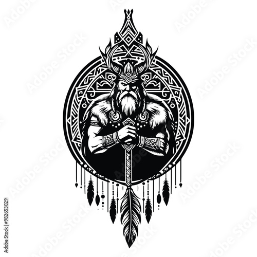 odin nordic god with bohemian decoration in black and white illustrations, cutout graphic s