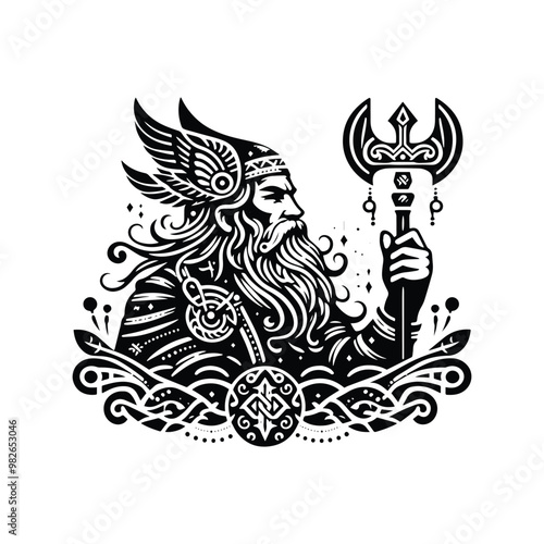 odin nordic god with bohemian decoration in black and white illustrations, cutout graphic