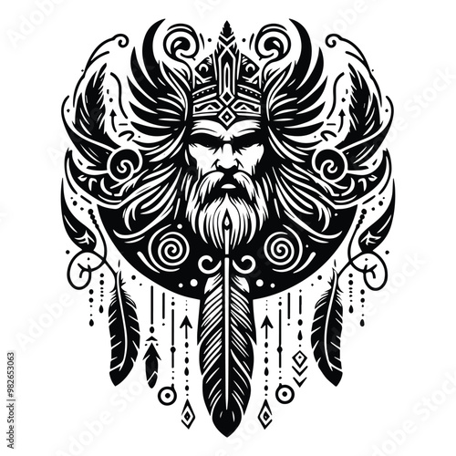 odin nordic god with bohemian decoration in black and white illustrations, cutout graphic i