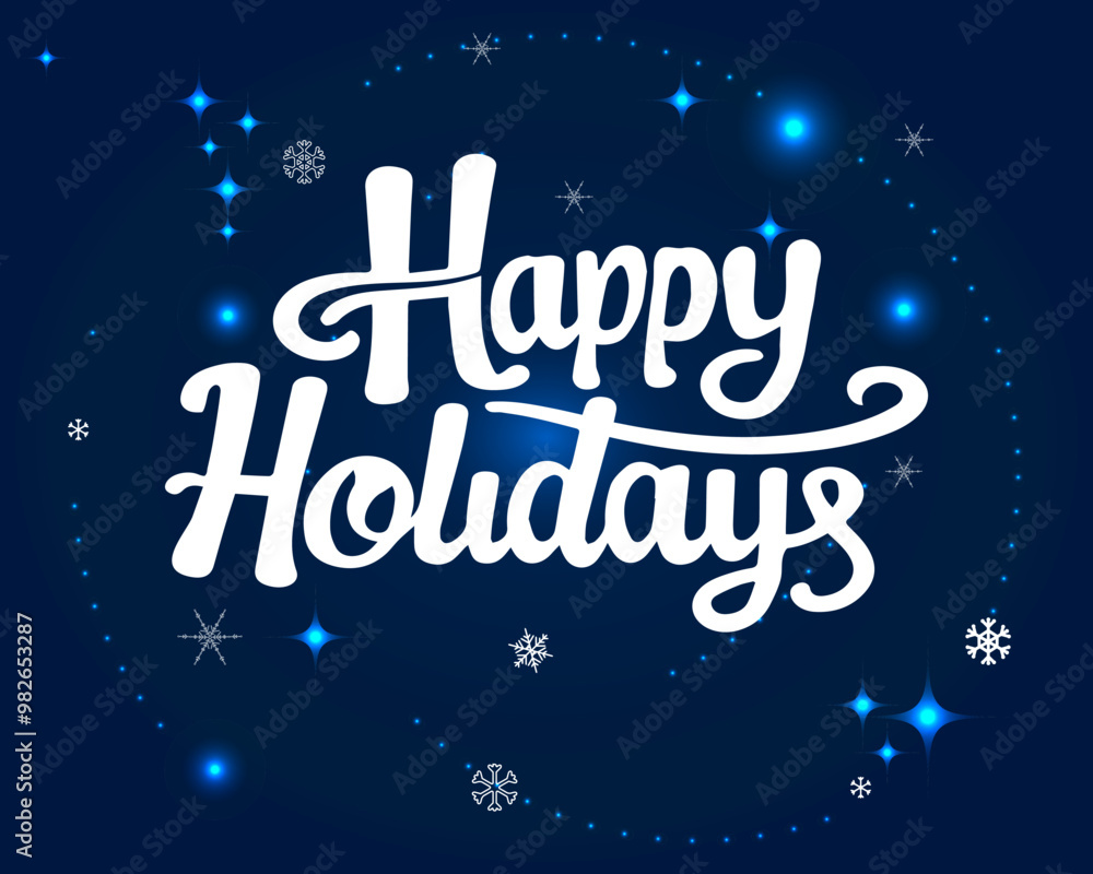 Holiday vector card. Snowflakes and luminous particles on the deep blue background. Text Merry Christmas Holiday vector card. Snowflakes and luminous particles on the deep blue background. Text Merry Christmas