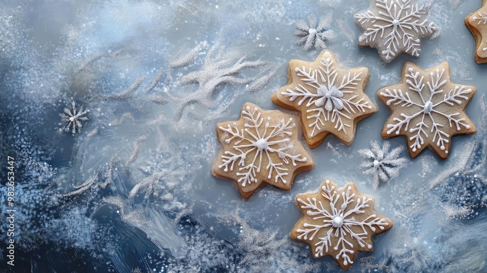 Fototapeta premium Beautifully decorated snowflake cookies on a frosty blue background, perfect for festive celebrations and winter-themed events.