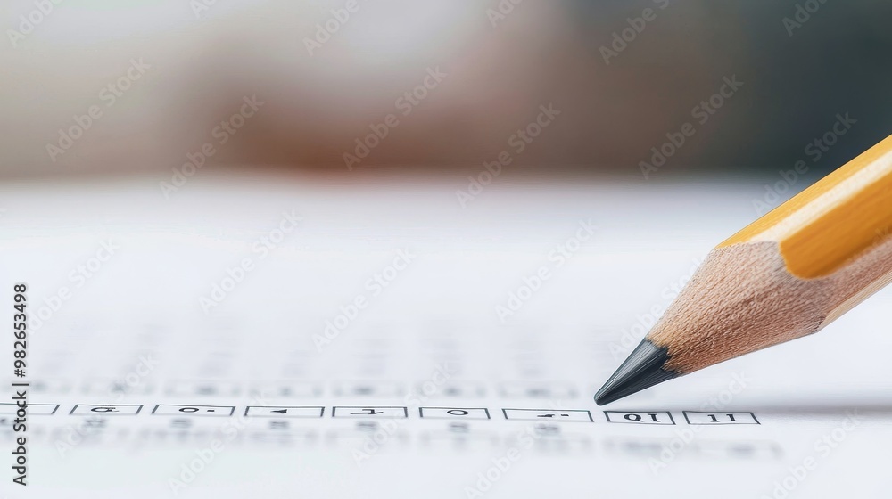 Close-up of a pencil filling out a multiple-choice IQ test form, symbolizing traditional intelligence testing methods, IQ evaluation, standard testing Close-up of a pencil filling out a multiple-choice IQ test form, symbolizing traditional intelligence testing methods, IQ evaluation, standard testing