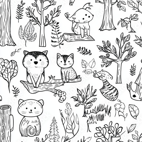 This black and white seamless pattern features forest animals. It can be colored with woodland characters. This illustration is styled in the modern style.