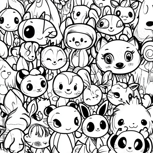 Cartoon forest animals black and white seamless pattern. A funny coloring page featuring woodland creatures. A modern illustration.
