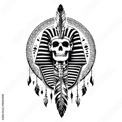 Pharaoh skeleton with bohemian decoration in black and white illustrations, cutout graphic i