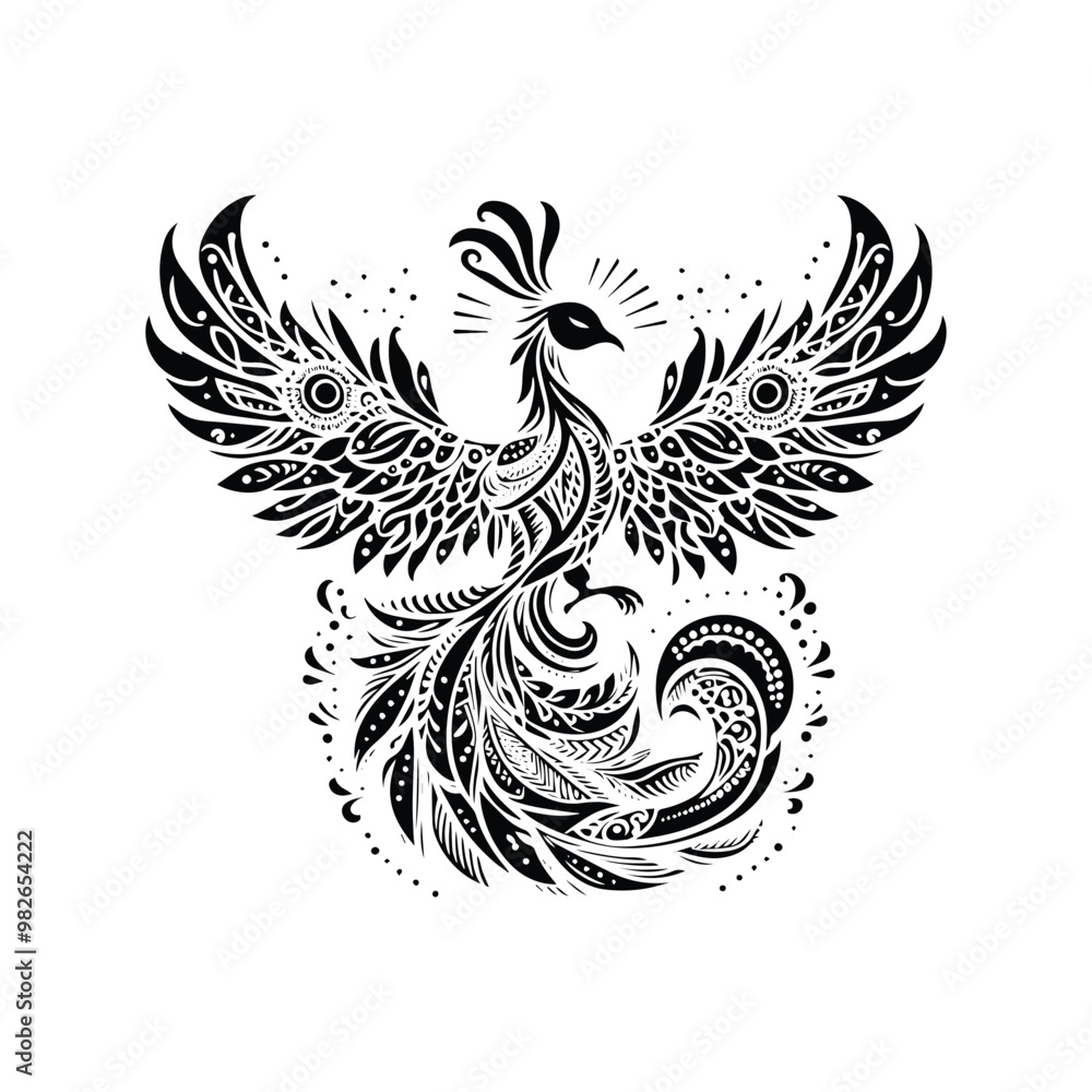 Fototapeta premium Phoenix with bohemian decoration decoration in black and white illustrations, cutout graphic
