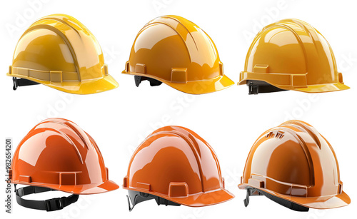 Construction safety helmets in yellow and orange colors isolated on transparent background photo