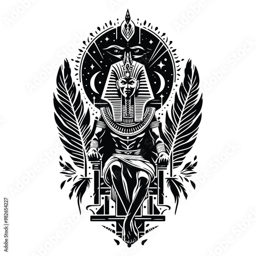 Pharaoh with bohemian decoration in black and white illustrations, cutout graphic w