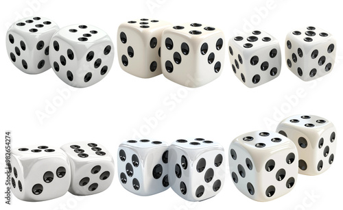 Set of white dice with black dots in different arrangements isolated on transparent background