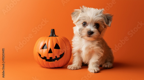 Cute Puppy Sitting with Jack-o'-lantern on Orange Background photo