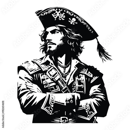 pirate male in bohemian decoration in black and white illustrations, cutout graphic