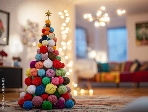 A charming and whimsical AI-generated image of a knitted Christmas tree decorated with handmade yarn ornaments and twinkling lights.  photo