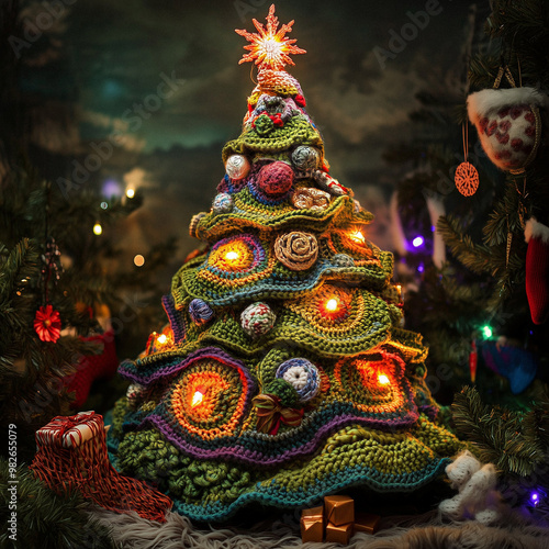 A charming and whimsical AI-generated image of a knitted Christmas tree decorated with handmade yarn ornaments and twinkling lights.  photo