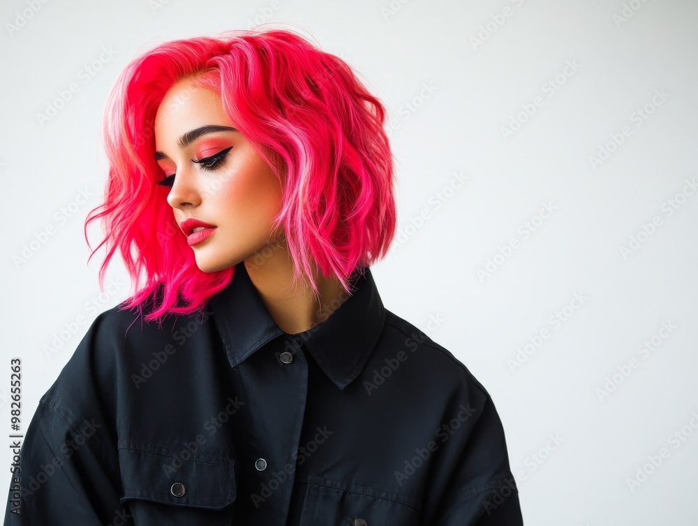 A confident young woman with vibrant pink hair poses stylishly against a minimalistic background, showcasing modern fashion. A confident young woman with vibrant pink hair poses stylishly against a minimalistic background, showcasing modern fashion.