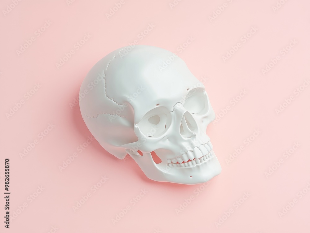 Fototapeta premium A realistic white skull model displayed against a soft pink background, ideal for creative and educational use.