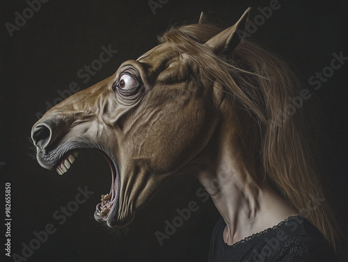 A surrealistic portrait of a horse with an exaggerated, dramatic expression. The detailed rendering creates a striking and slightly eerie visual, making this image both captivating and unusual. photo