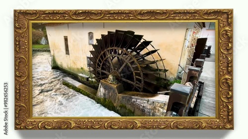 Cornice con animazione interna del panorama di un mulino ad acqua