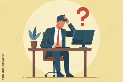 A businessman works in front of a computer while holding his head with his hands because he is dizzy with business questions and company problems