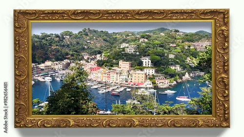Cornice con animazione interna del panorama di Portofino Italia