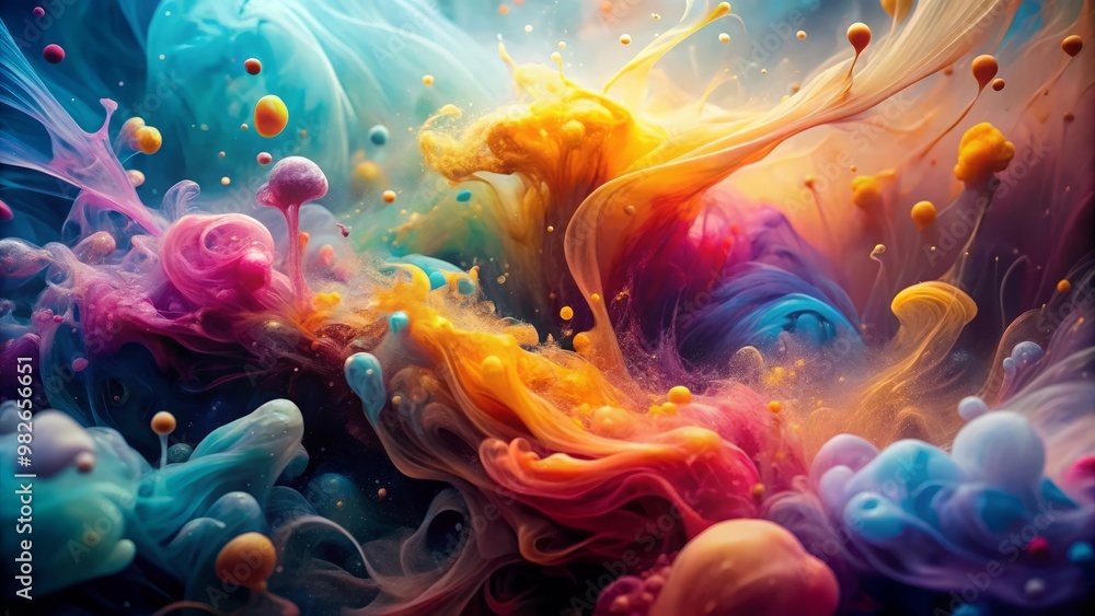 Obraz premium Dreamy abstract background featuring delicate, swirling patterns reminiscent of ink drops dissipating in water, presented in a bright and vibrant palette suitable for high-end commercial photography.