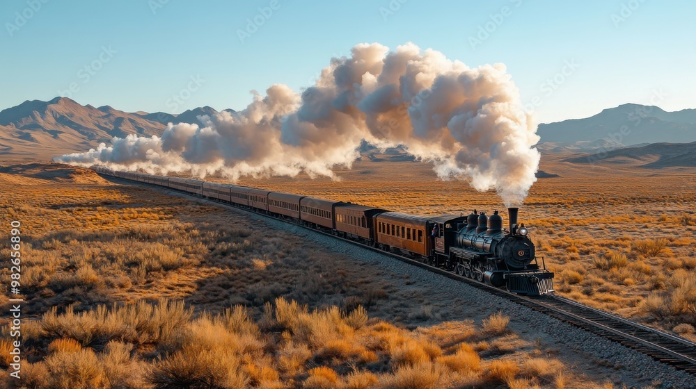 Obraz premium A high-definition photo of an old western steam train chugging through an open desert landscape, with billowing smoke rising into the clear sky. The vast plains surrounding the train provide ample