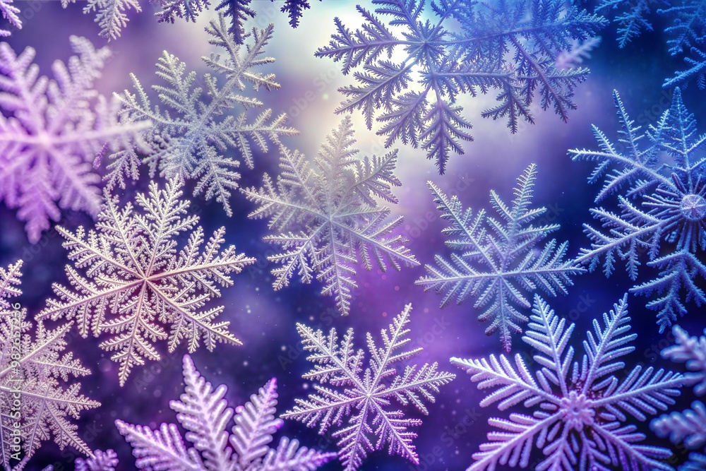 Macro snowflakes on soft purple and blue background Macro snowflakes on soft purple and blue background