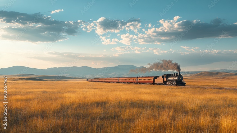 Fototapeta premium A historic steam engine winding through a wide, grassy plain in the Old West, with mountains in the distance and open sky above. The expansive scenery offers a lot of room for text