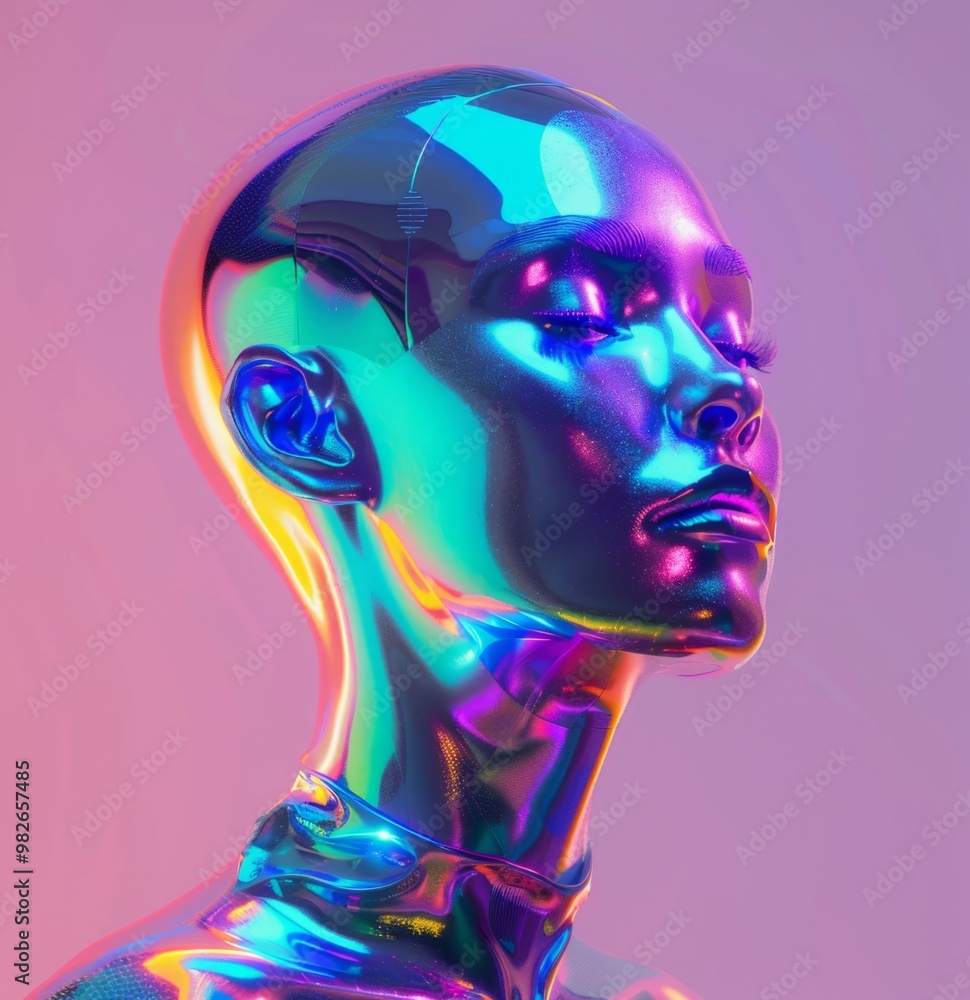 A reflective mannequin with a holographic finish showcases artistic beauty in vibrant colors against a pastel background A reflective mannequin with a holographic finish showcases artistic beauty in vibrant colors against a pastel background