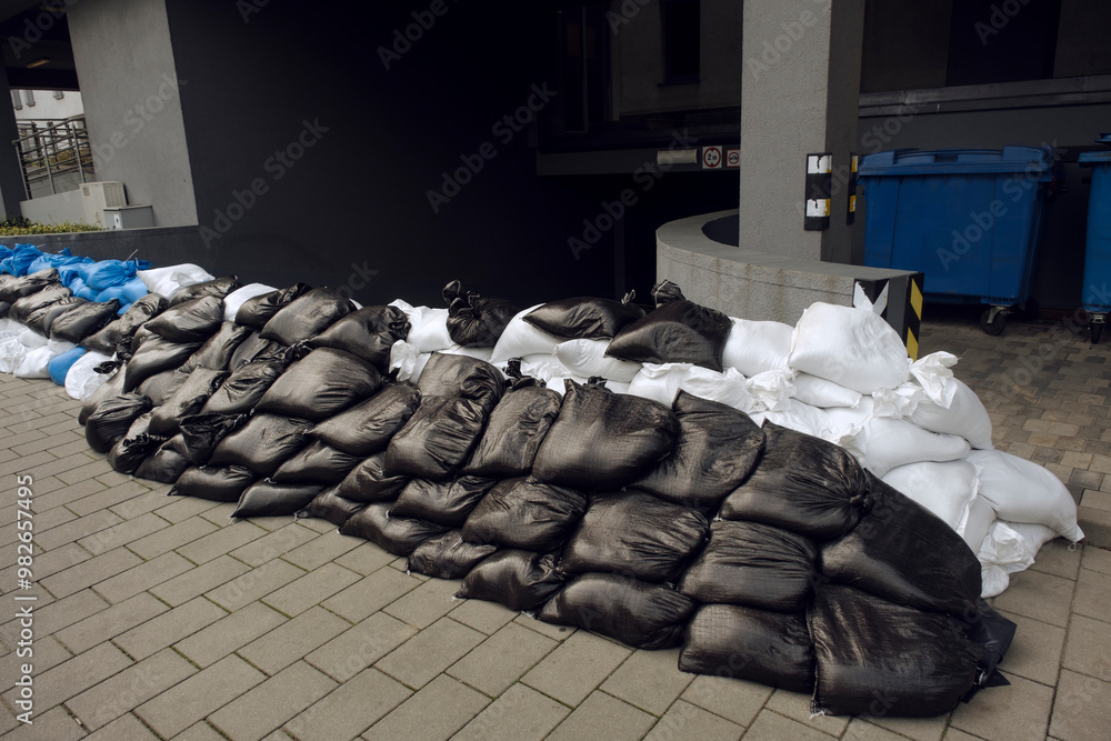 Fototapeta premium Wall of sandbags protecting underground parking in Poland