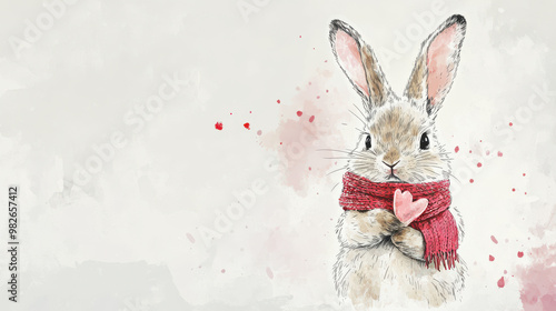 Cute watercolor rabbit with scarf holding heart, surrounded by splashes in pastel colors. Perfect for whimsical, nature-inspired designs.