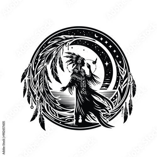 shaman male with bohemian decoration in black and white illustrations, cutout graphic