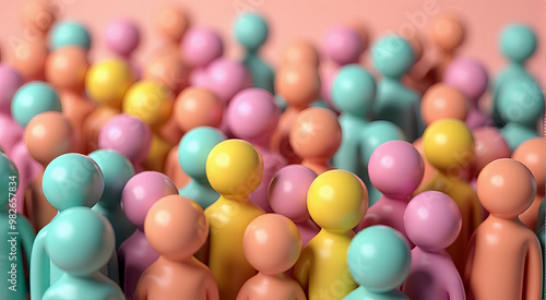 Colorful group of small human figures clustered together on a soft pastel background during a creative design project