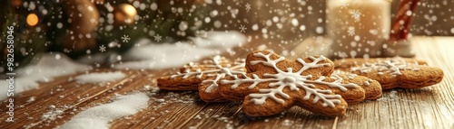Deliciously decorated cookies in the shape of snowflakes, surrounded by festive decorations and soft snowfall.