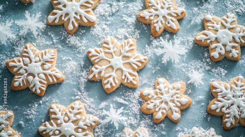 Delicious snowflake-shaped cookies decorated with white icing on a festive blue background, perfect for winter celebrations. Delicious snowflake-shaped cookies decorated with white icing on a festive blue background, perfect for winter celebrations.