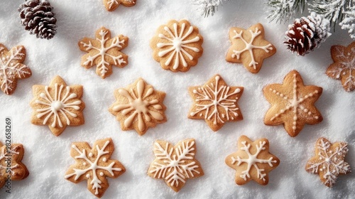 A festive arrangement of decorated snowflake cookies on powdered snow, perfect for holiday celebrations and winter-themed treats.