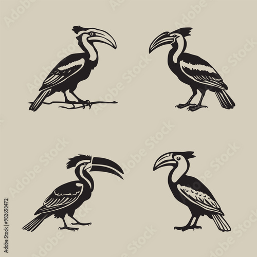 Black and white vector silhouettes set of hornbill