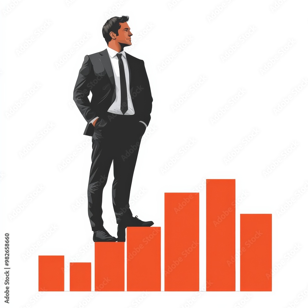 The Ascent to Success: Confident businessman atop a rising bar graph, symbolizing career growth and achievement in the corporate world. The Ascent to Success: Confident businessman atop a rising bar graph, symbolizing career growth and achievement in the corporate world.