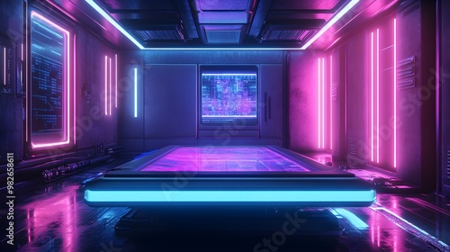 An alien interrogation scene, floating table, neon blue and purple lights, holographic displays, anti-gravity setting, cyberpunk style, detailed sci-fi environment