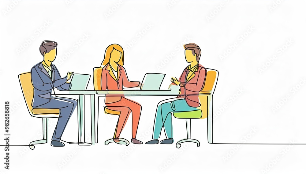 One single line drawing of young interviewee being interviewed by some company managers for job vacancy. Job interview process concept. One single line drawing of young interviewee being interviewed by some company managers for job vacancy. Job interview process concept.