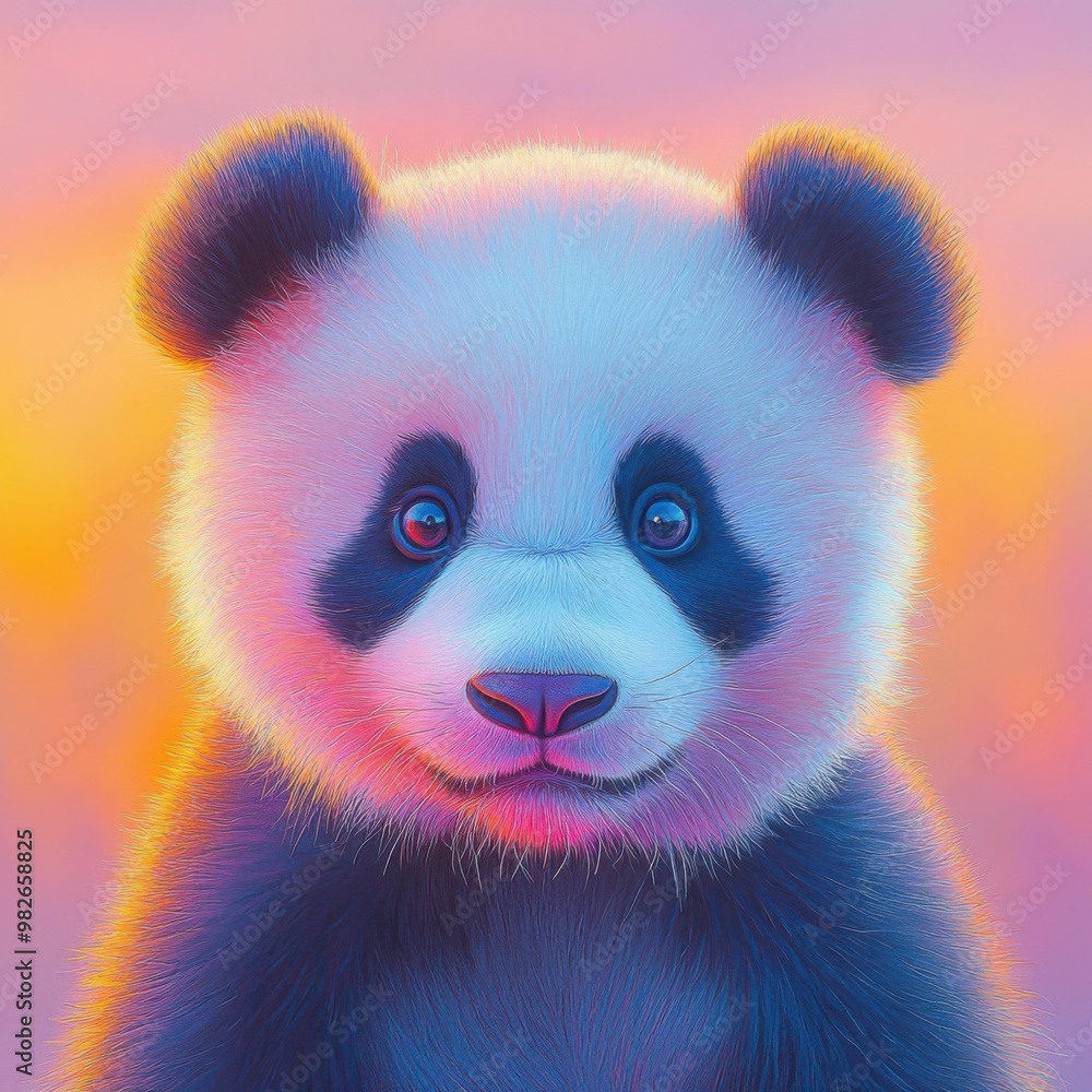 Cute panda in colorful sunset, expressing curiosity and innocence Cute panda in colorful sunset, expressing curiosity and innocence