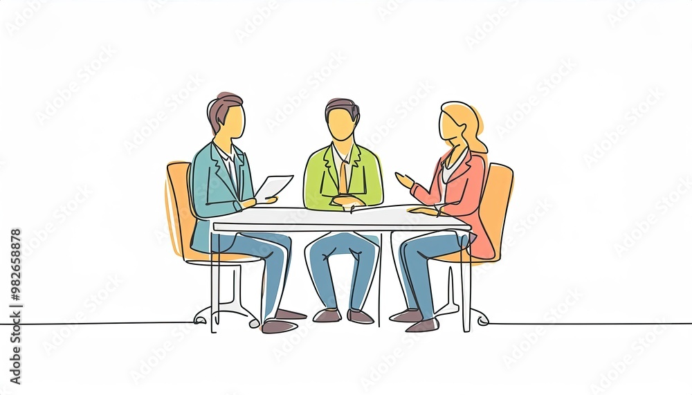 One single line drawing of young interviewee being interviewed by some company managers for job vacancy. Job interview process concept. One single line drawing of young interviewee being interviewed by some company managers for job vacancy. Job interview process concept.