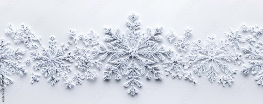 Delicate snowflakes arranged in a beautiful pattern on a pure white background, perfect for winter-themed designs and decorations. Delicate snowflakes arranged in a beautiful pattern on a pure white background, perfect for winter-themed designs and decorations.