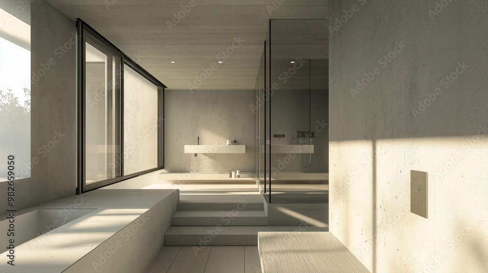 Obraz premium Minimalist bathroom with glass shower and sunlight