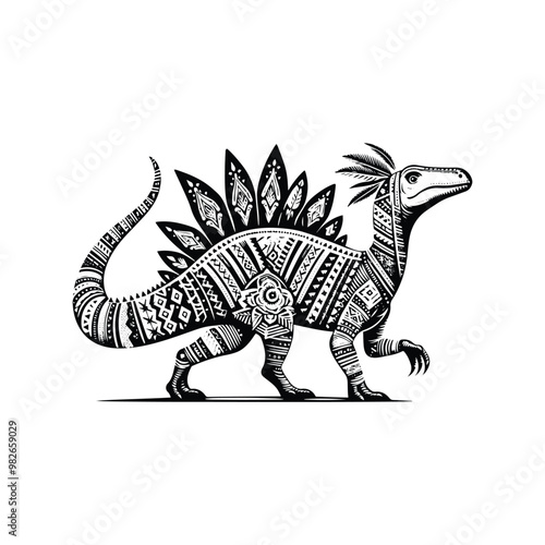 Spinosaurus with bohemian decoration decoration in black and white illustrations, cutout graphic