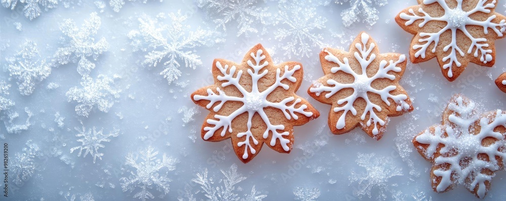 A festive display of snowflake-shaped cookies decorated with icing on a snowy background, perfect for winter celebrations. A festive display of snowflake-shaped cookies decorated with icing on a snowy background, perfect for winter celebrations.